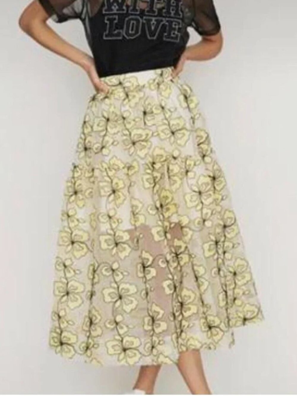 Maje Jizia Floral-embroidered Midi Skirt In Yellow